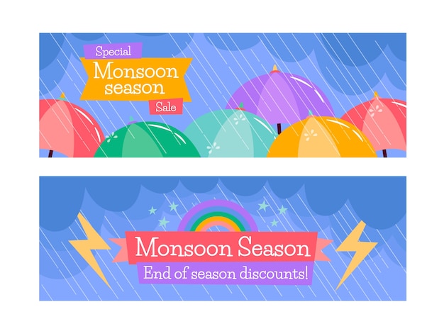 Vetor grátis conjunto de banners horizontais de venda de temporada de monção plana
