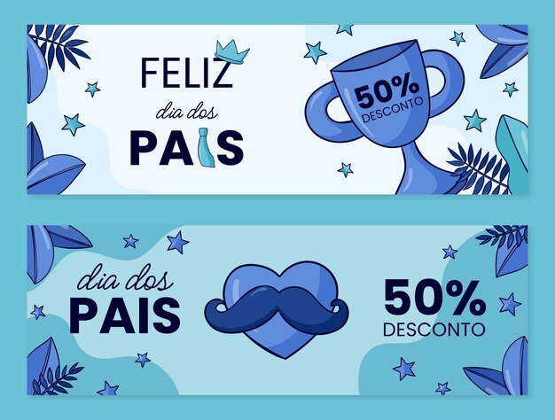 Conjunto de banners horizontais de venda dia dos pais desenhados à mão