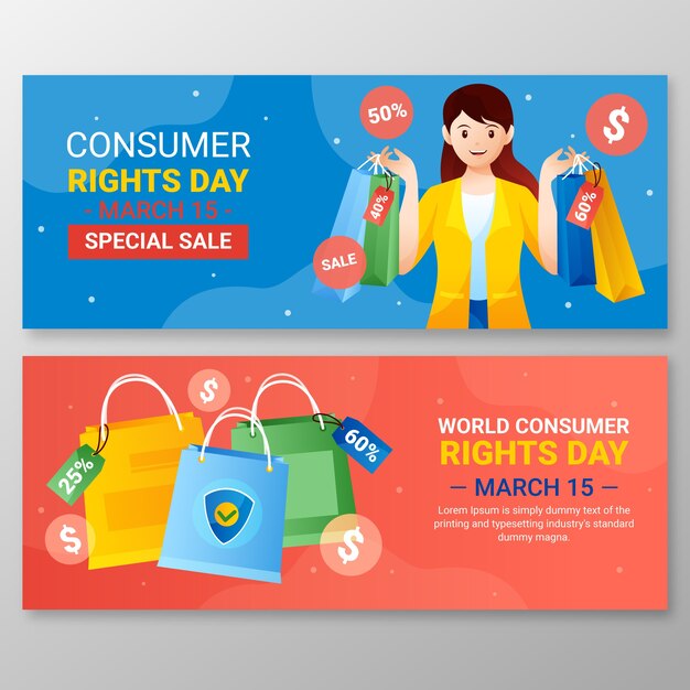 Conjunto de banners horizontais de venda do dia dos direitos do consumidor mundial gradiente
