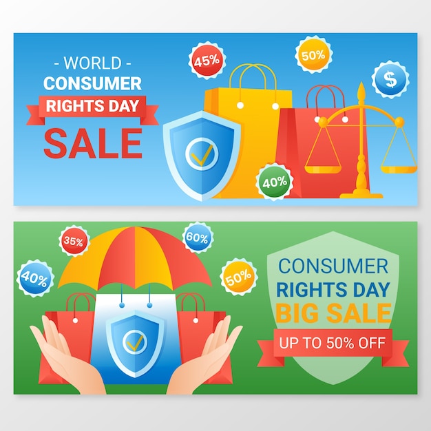 Vetor grátis conjunto de banners horizontais de venda do dia dos direitos do consumidor mundial gradiente