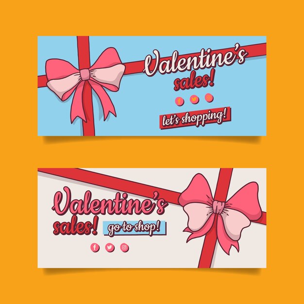 Conjunto de banners horizontais de venda do dia dos namorados desenhados à mão