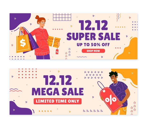Conjunto de banners horizontais de venda plana 12,12 desenhados à mão