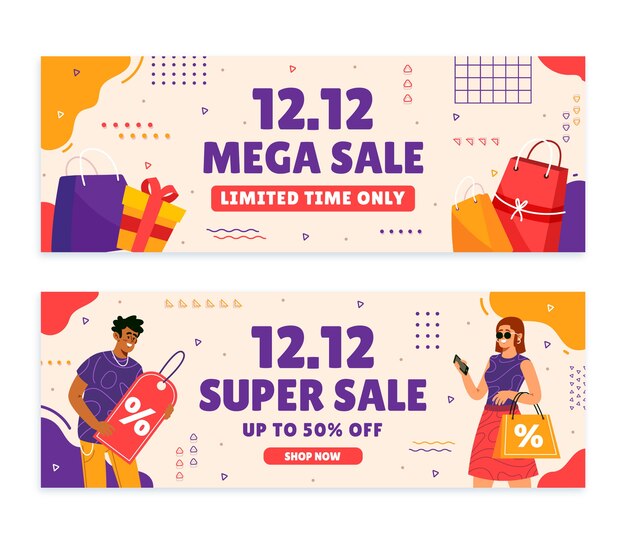 Conjunto de banners horizontais de venda plana 12,12 desenhados à mão