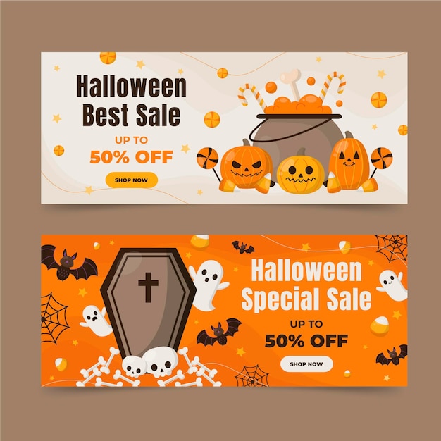 Vetor grátis conjunto de banners horizontais de venda plana de halloween