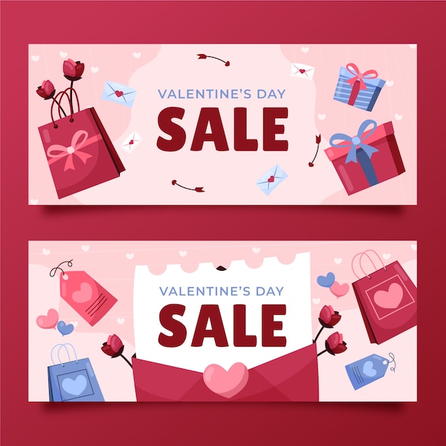 Conjunto de banners horizontais de venda plana do dia dos namorados