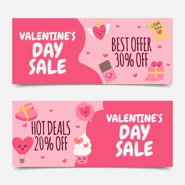 Conjunto de banners horizontais de venda plana do dia dos namorados