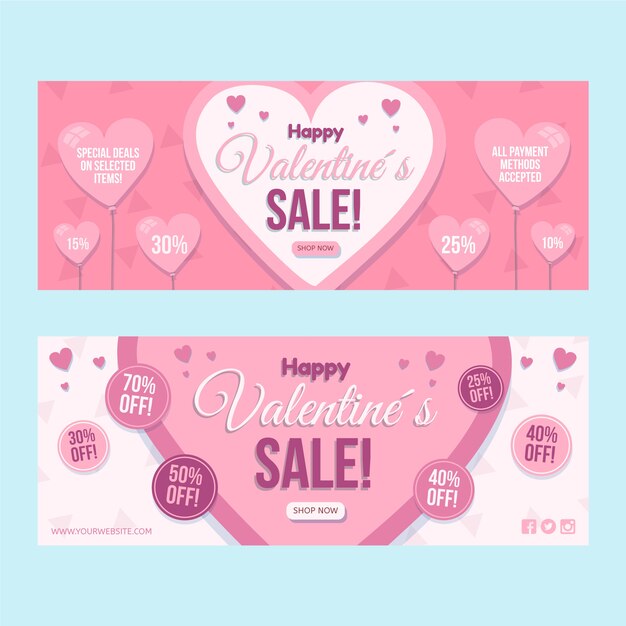 Conjunto de banners horizontais de venda plana do dia dos namorados