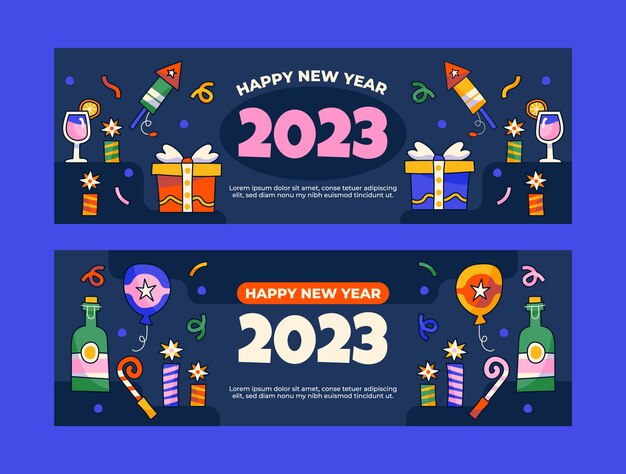 Conjunto de banners horizontais desenhados à mão para o ano novo 2023