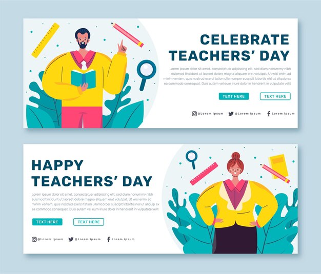 Conjunto de banners horizontais desenhados à mão para o dia dos professores