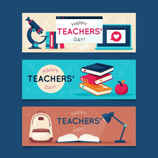 Conjunto de banners horizontais desenhados à mão para o dia dos professores