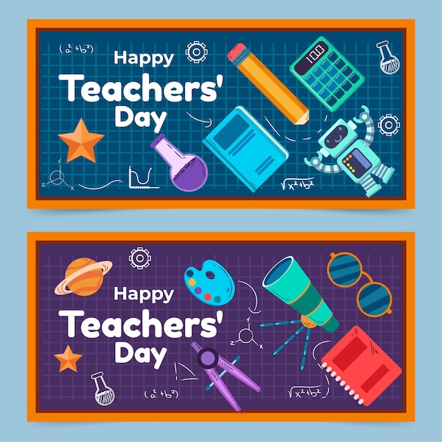 Conjunto de banners horizontais desenhados à mão para o dia dos professores