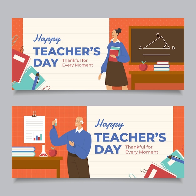 Conjunto de banners horizontais desenhados à mão para o dia dos professores