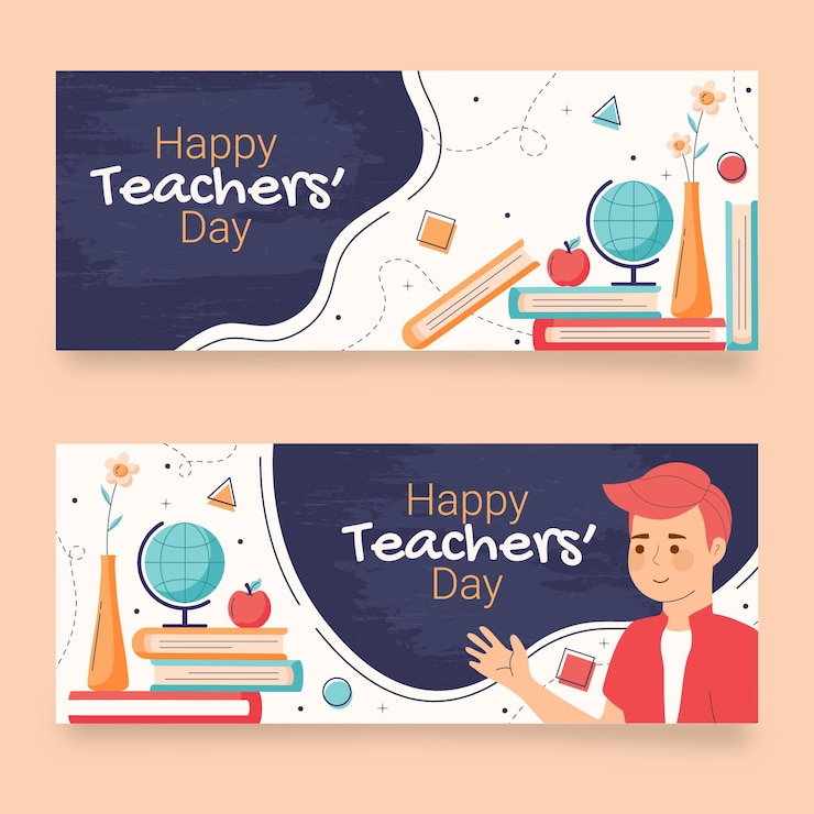 Vetor grátis conjunto de banners horizontais desenhados à mão para o dia dos professores