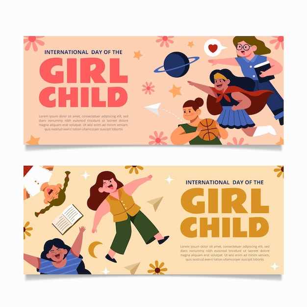 Vetor grátis conjunto de banners horizontais desenhados à mão para o dia internacional das meninas