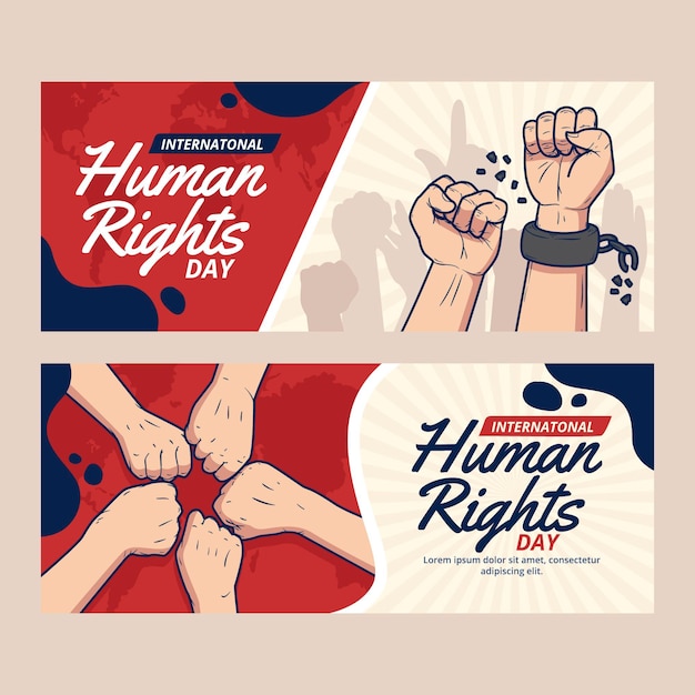 Conjunto de banners horizontais desenhados à mão para o dia internacional dos direitos humanos