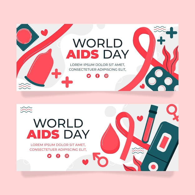 Conjunto de banners horizontais desenhados à mão para o dia mundial da aids