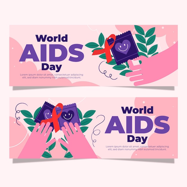 Vetor grátis conjunto de banners horizontais desenhados à mão para o dia mundial da aids