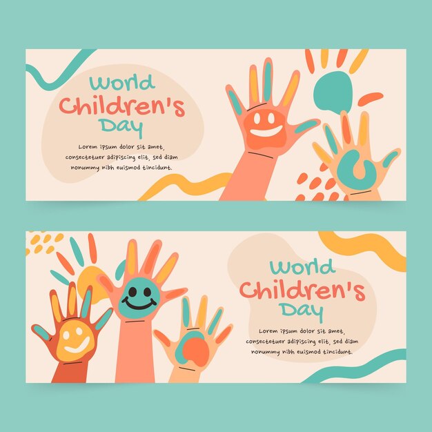 Conjunto de banners horizontais desenhados à mão para o dia mundial das crianças