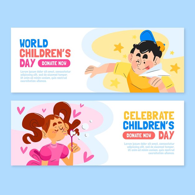 Conjunto de banners horizontais desenhados à mão para o dia mundial das crianças