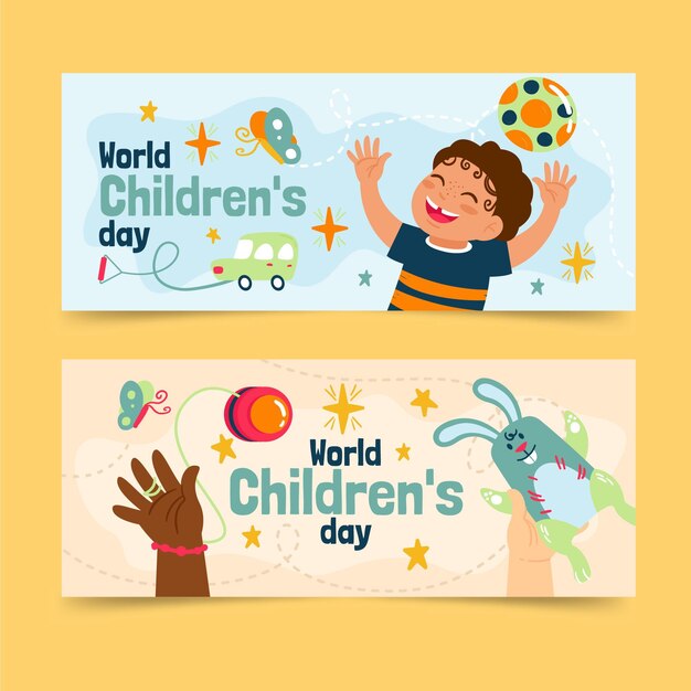 Conjunto de banners horizontais desenhados à mão para o dia mundial das crianças