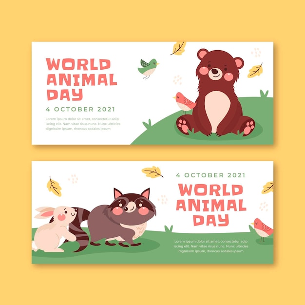 Conjunto de banners horizontais do dia animal do mundo plano desenhado à mão