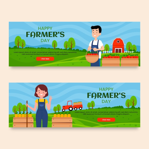 Conjunto de banners horizontais do dia do agricultor plano