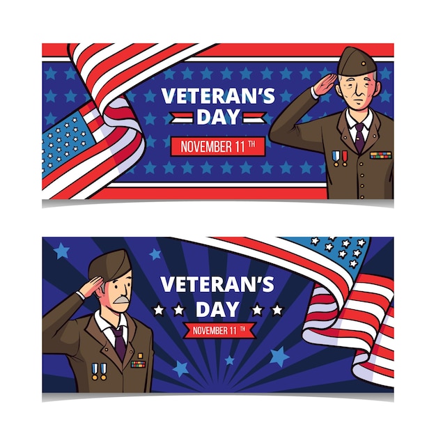 Conjunto de banners horizontais do dia do veterano desenhado à mão