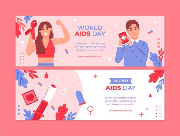Vetor grátis conjunto de banners horizontais do dia mundial da aids