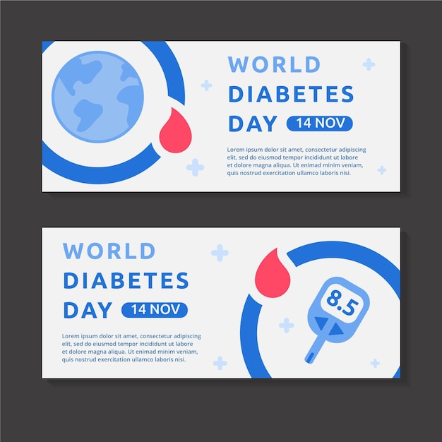 Vetor grátis conjunto de banners horizontais do dia mundial da diabetes plano