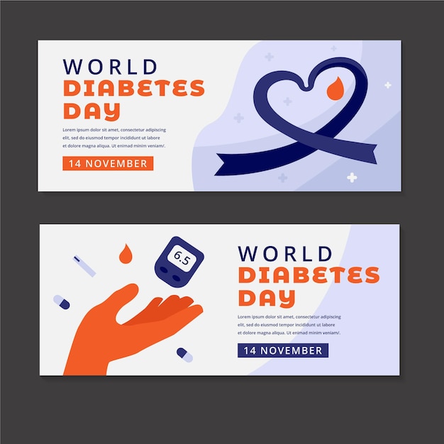 Conjunto de banners horizontais do dia mundial da diabetes plano