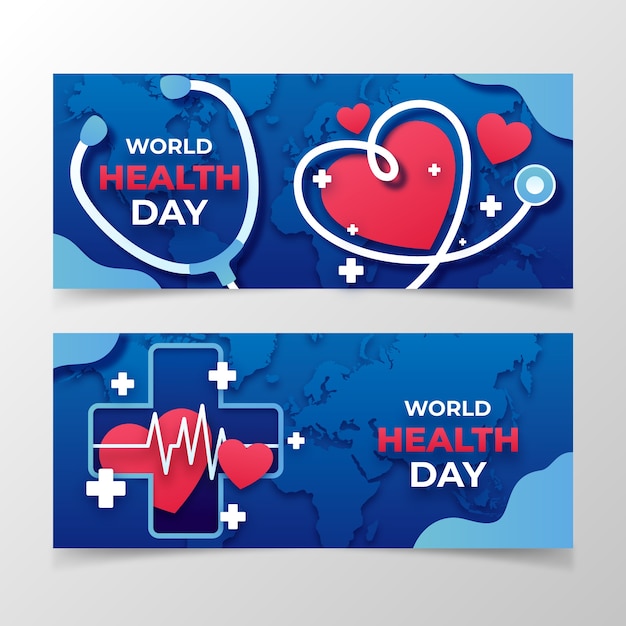 Vetor grátis conjunto de banners horizontais do dia mundial da saúde estilo papel