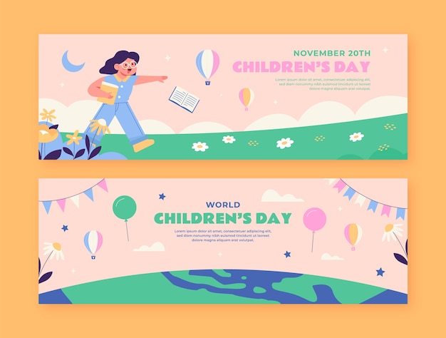Vetor grátis conjunto de banners horizontais do dia mundial das crianças