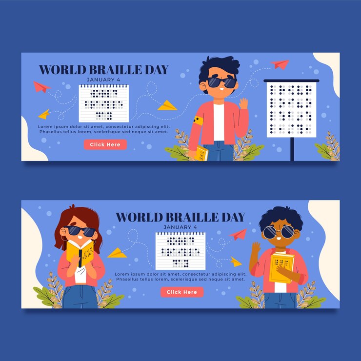 Vetor grátis conjunto de banners horizontais do dia mundial do braille plano