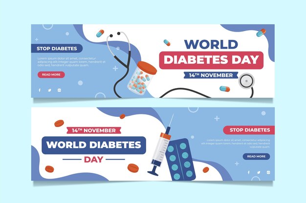 Conjunto de banners horizontais do Dia Mundial do Dia da Dia da diabetes desenhados à mão