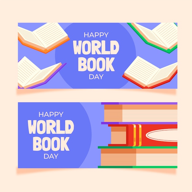 Conjunto de banners horizontais do dia mundial do livro plano