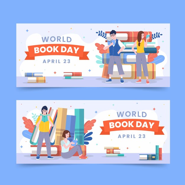 Conjunto de banners horizontais do dia mundial do livro plano