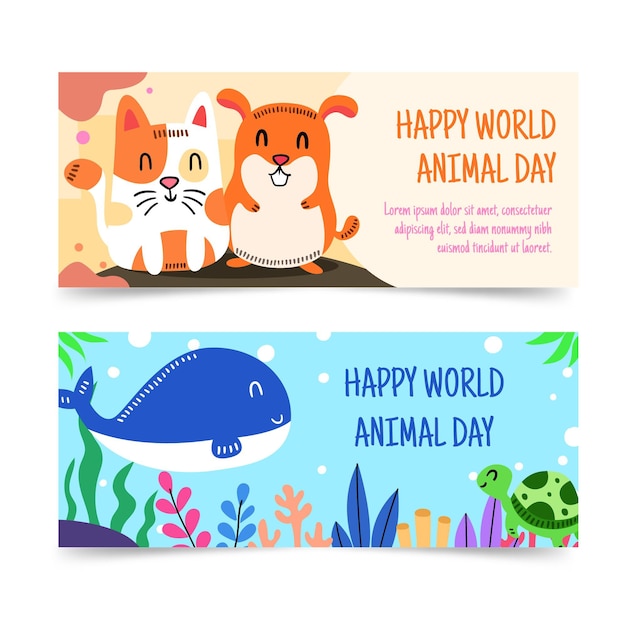 Vetor grátis conjunto de banners horizontais do dia mundial dos animais desenhados à mão