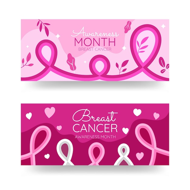 Conjunto de banners horizontais do mês de conscientização do câncer de mama desenhada à mão