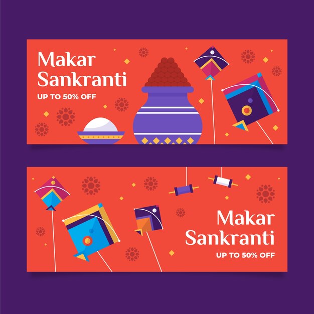 Conjunto de banners horizontais flat makar sankranti