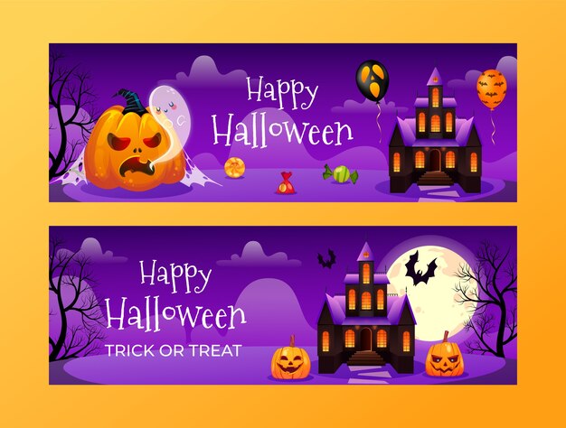 Conjunto de banners horizontais gradientes para celebração de halloween