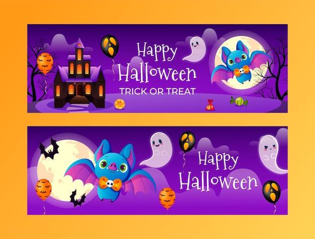 Conjunto de banners horizontais gradientes para celebração de halloween