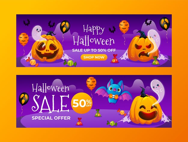 Conjunto de banners horizontais gradientes para celebração de halloween