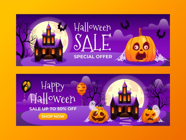 Conjunto de banners horizontais gradientes para celebração de halloween