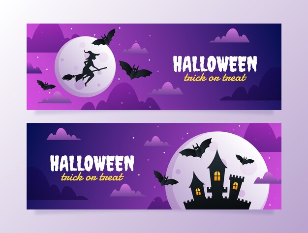 Conjunto de banners horizontais gradientes para celebração de halloween