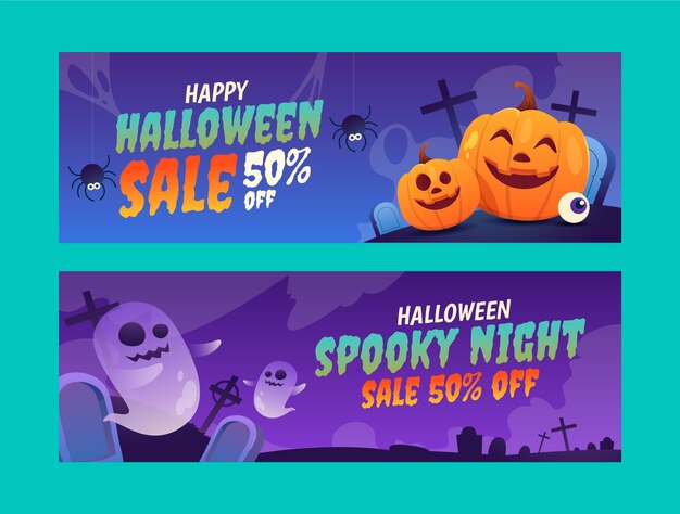 Conjunto de banners horizontais gradientes para celebração de halloween