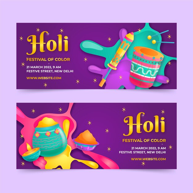 Vetor grátis conjunto de banners horizontais holi realistas