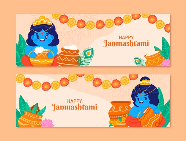 Vetor grátis conjunto de banners horizontais janmashtami plano