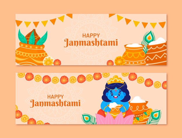 Vetor grátis conjunto de banners horizontais janmashtami plano