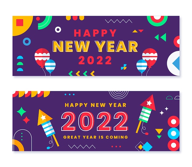 Conjunto de banners horizontais plana feliz ano novo de 2022