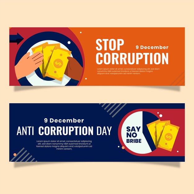 Conjunto de banners horizontais planos anti-corrupção